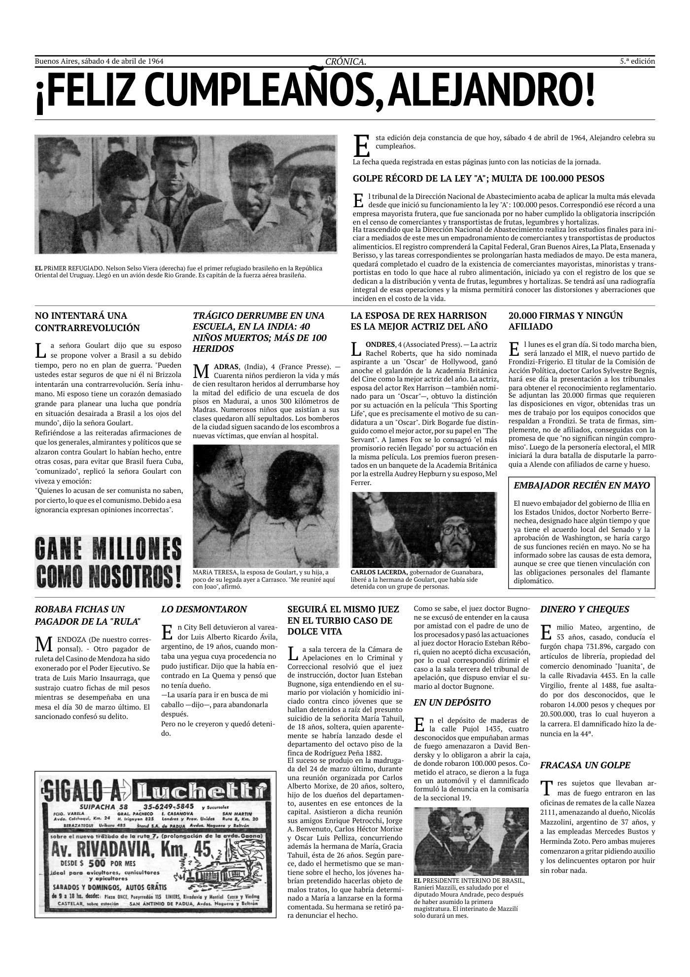 Ejemplo de tapa de diario del 4 de abril de 1964